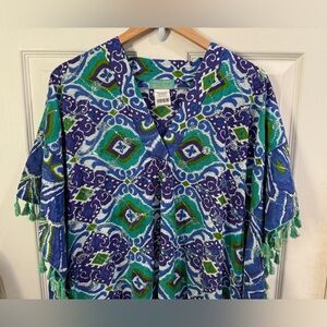 Antica Sartoria Blue Green Patterned Women's Kaftan Mumu Tassles Sequins OS